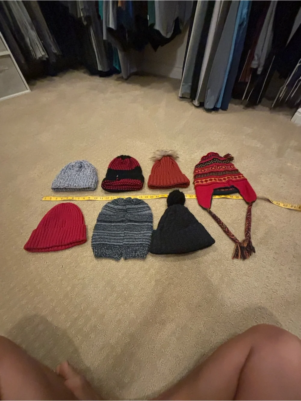 Lot of 7 Knit Beanies and Earflap Hat - Red, Gray, Black, Orange
